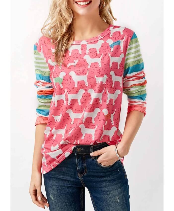 Long Sleeve Dog Print Pink T Shirt